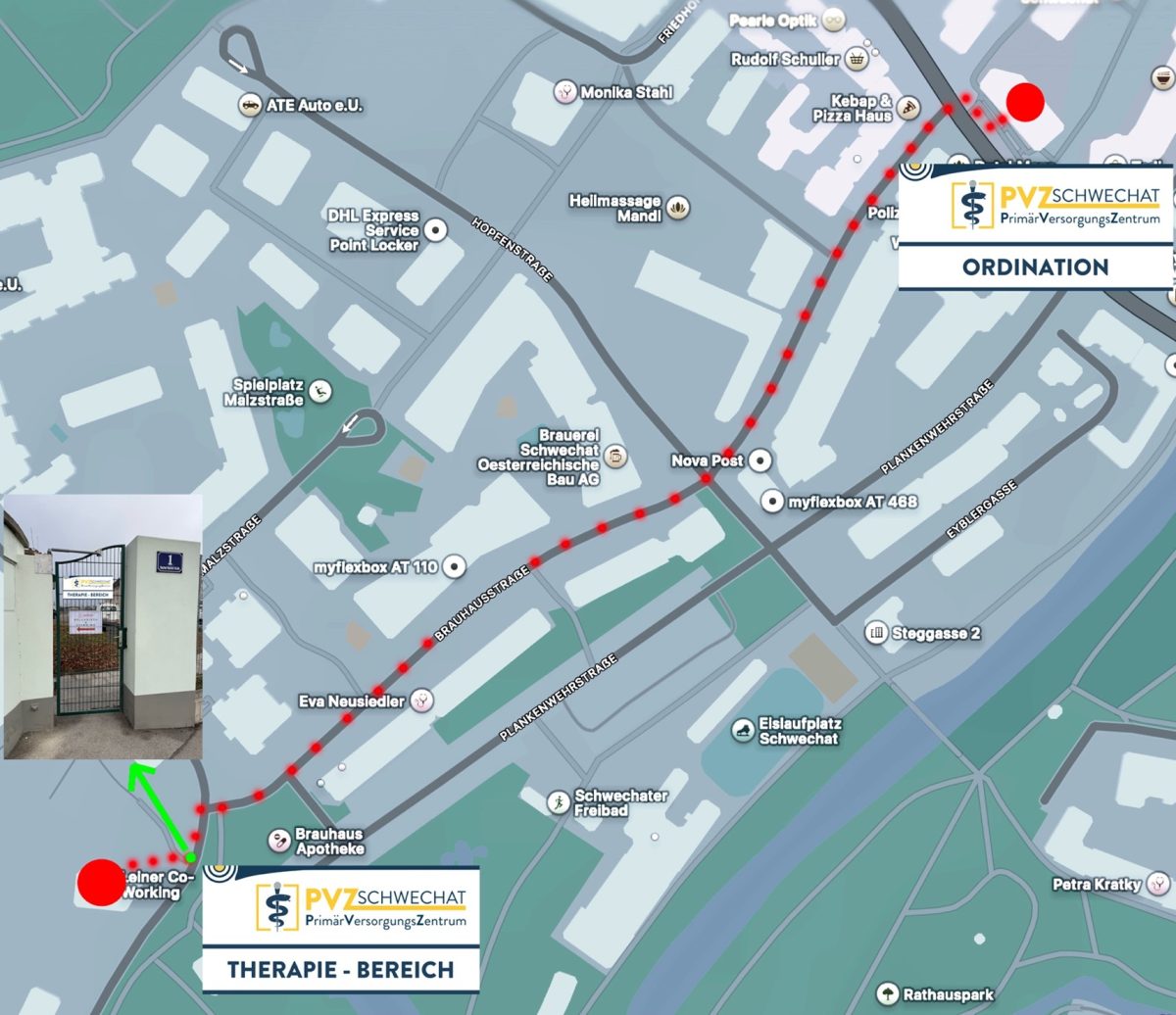 Karte mit eingezeichnetem Weg vom PVZ-Schwechat zu den vorläufigen Therapieräumen